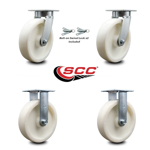 8 Inch Kingpinless Nylon Wheel Caster Swivel Locks 2 Rigid, 2PK